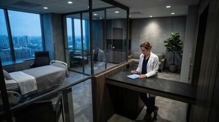 Fototapeta premium Modern Healthcare Setting With Doctor Using Tablet Overlooking City View