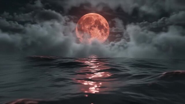 Cinematic 4k motion footage of a glowing full blood moon rising above dark mysterious ocean waves with moving clouds in a atmospheric serene mood