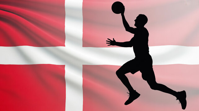 Basketball player silhouette against the flag of denmark with basketball silhouette national competition european background athletic physical