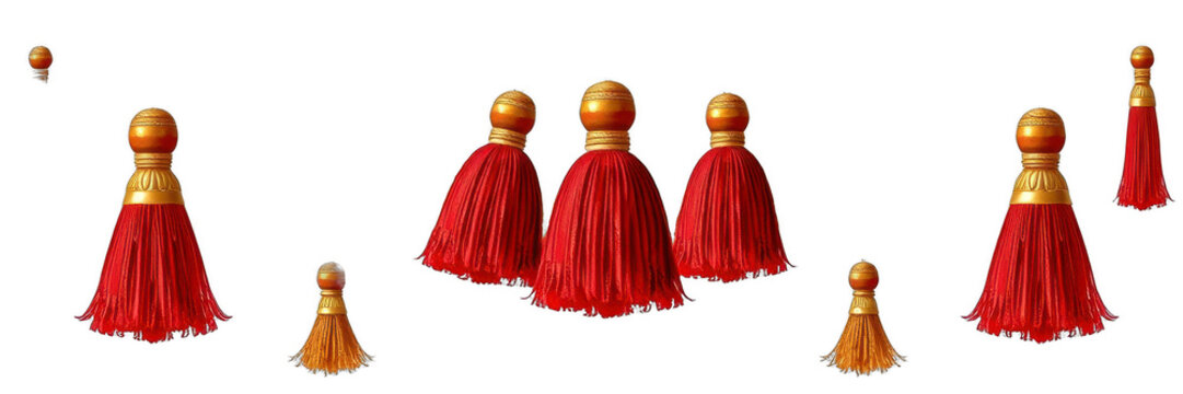 Decorative red silk tassels with golden caps on black background
