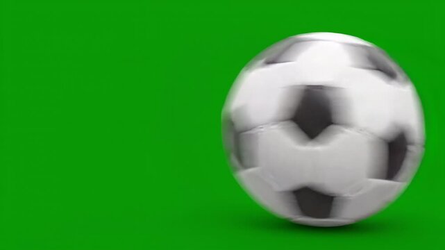 Overlay video transition, A classic black and white soccer ball rolls across a bright green screen background for easy compositing and video production.