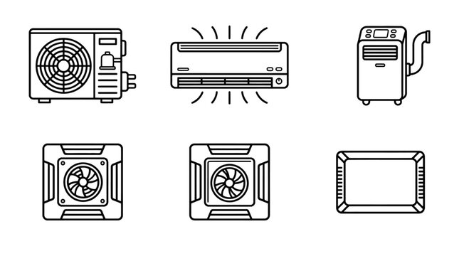 Air conditioner line icon set, HVAC cooling system equipment vectors, portable and split unit climate control icons for home and office