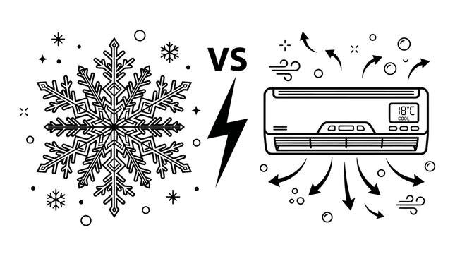 Air conditioner vs snowflake vector illustration. Modern AC unit cooling system against winter frost. HVAC climate control comparison.