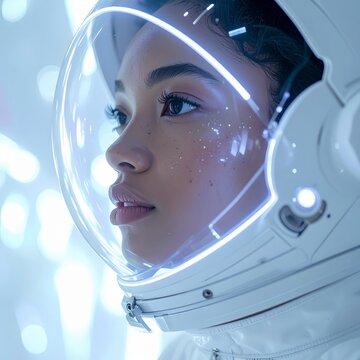 Young woman in futuristic astronaut helmet with neon lighting. Female space explorer in sci-fi gear with glowing blue visor and reflective surface.