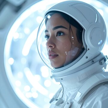 Female astronaut in space suit. Woman explorer looking through helmet glass.