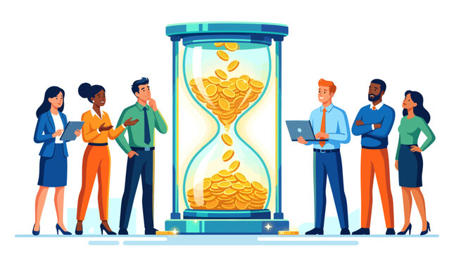 Diverse team observing hourglass filled with coins, concept for creative business startup, investment, and financial planning, illustrating time management and wealth growth.