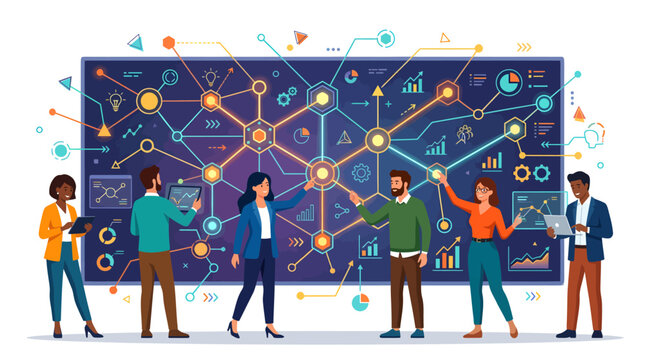 Diverse team collaborating on digital network board with data visualizations, creative business startup concept for innovation and strategy, use for technology presentations and teamwork.