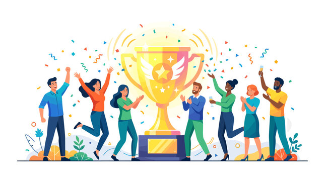 Diverse Team Celebrating Victory Beside Golden Trophy with Confetti, Creative Business Startup Concept for Achievement and Success, Use Cases for Award Ceremonies, Team Building and Corporate