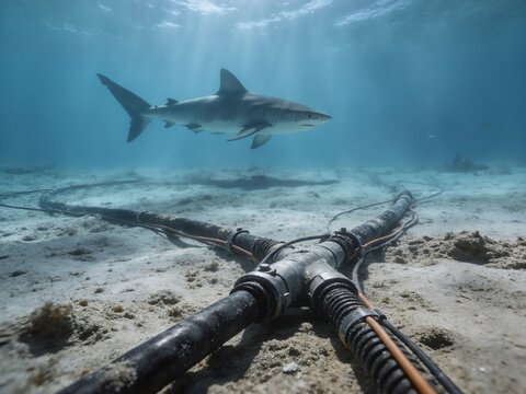 Shark swimming, in underwater ocean floor, with shark, sea floor, cables, from a underwater perspective perspective, with blue, gray accents