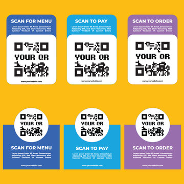 Suitable for restaurant menus, payment options, and order tracking. Vibrant labels with qr codes in rounded rectangular shapes.