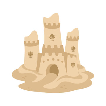 Simple sand castle illustration with seashells for summer beach design.