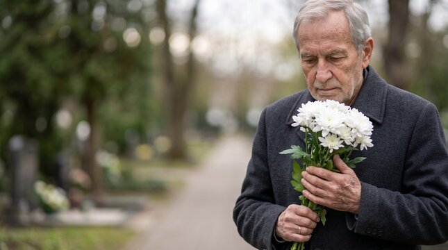 Elderly man holding chrysanthemums in a cemetery on All Souls Day remembering loved ones
