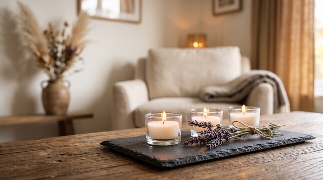 Three lit candles and lavender sprigs on a slate tray on a rustic wooden table, evoking a sense of peace and remembrance