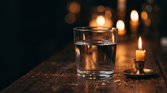 All Souls Day remembrance with a glass of water and a lit candle on a rustic wooden table