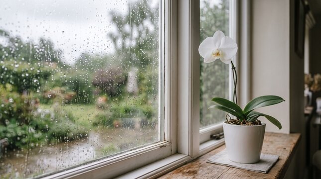 A delicate orchid blooms on a windowsill overlooking a rainy garden, evoking a sense of peaceful contemplation