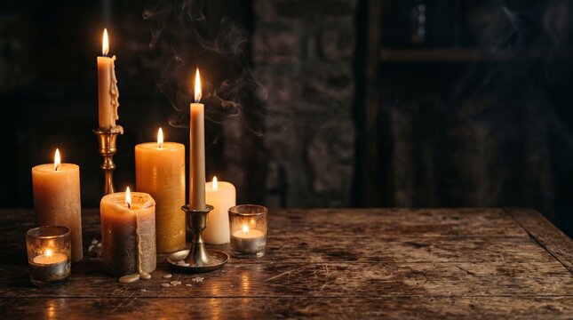 All Souls Day memorial candles glowing on a rustic wooden table with smoke rising