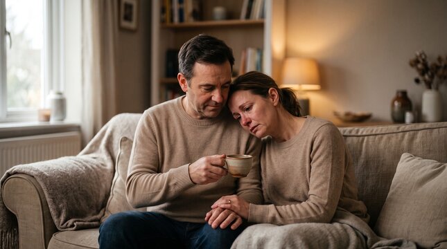 Grieving couple finds solace in each other's company on All Souls Day, sharing a warm drink and comfort