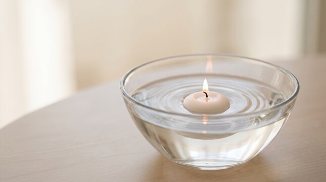 A single floating candle in a glass bowl of water, symbolizing remembrance and peace for All Souls Day