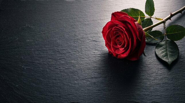 A single deep red rose with dark green leaves rests on a textured dark slate surface, evoking solemnity and remembrance