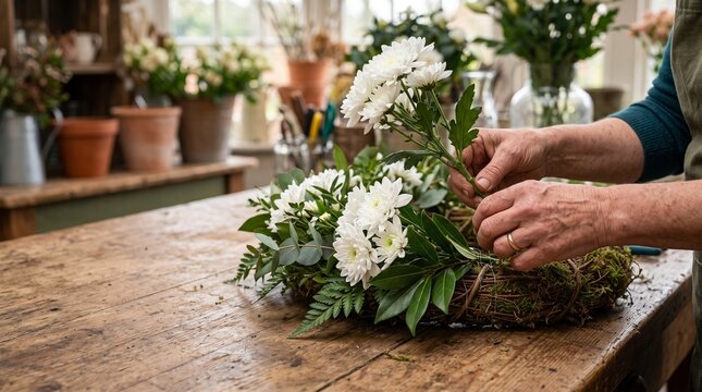 Florist arranging a memorial wreath with chrysanthemums and greenery on a rustic wooden table for All Souls Day