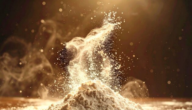 Dramatic explosion of white flour on a dark surface with warm golden backlight and dynamic dust clouds