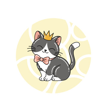Cute black and white tuxedo cat wearing a tiny golden crown and a pink ribbon bow tie, happy cartoon vector illustration for greeting cards and stickers.