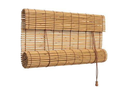 Bamboo Roll-up Blind Window Shade in Natural Wood Slat Material Isolated on Black Background for Interior Decor and Product Mockup