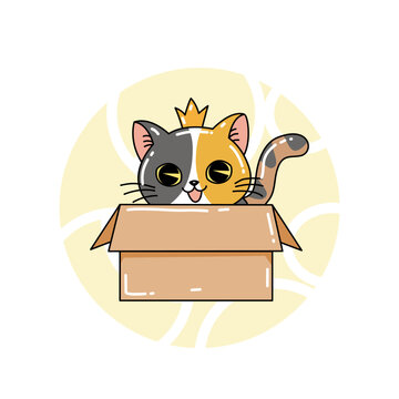 Adorable cartoon calico cat wearing a small golden crown sitting inside a brown cardboard box, cute vector illustration for pet lovers and kids design.