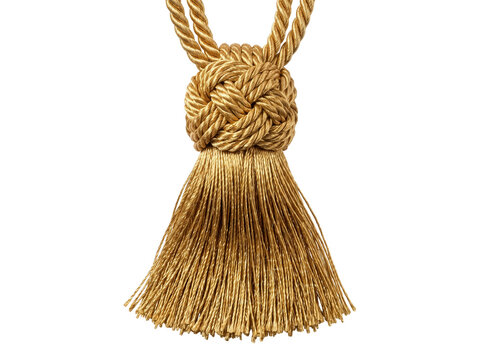 Gold Decorative Tassel with Braided Rope Knot and Silk Fringe Isolated on Black Background for Luxury Home Decor and Interior Design