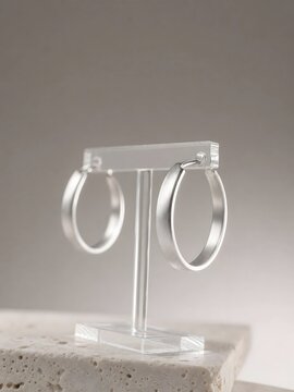 Silver Hoop Earrings Displayed on Clear Acrylic Stand