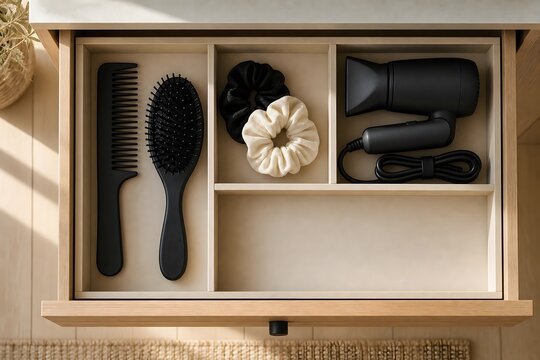 Organized Hair Care Accessories in a Wooden Drawer with Compartments