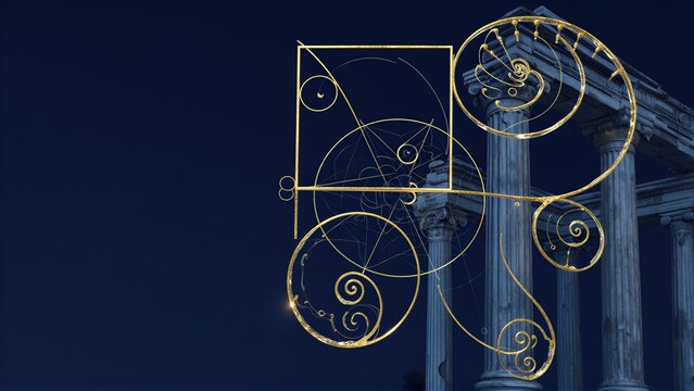 Golden spirals dance above ancient columns against a deep blue night sky.