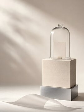 Minimalist Product Display with Glass Cloche on Stone Pedestal