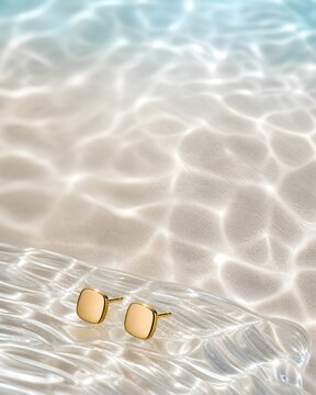 Gold Square Stud Earrings on Clear Glass Surface with Water Caustics Background