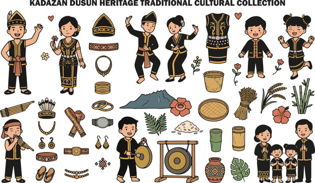 Kadazan Dusun Traditional Clothing and Cultural Heritage Collection Illustration