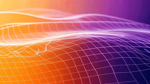 Abstract digital wave background with glowing neon grid lines in orange and purple gradient