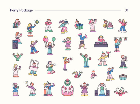 Flat vector set of people celebrating with music, dancing, gifts, cake, balloons and party props for birthdays, festivals and events.