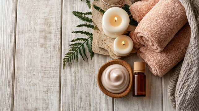Beautiful spa treatment composition such as Towels, candles, essential oils, Massage Stones on light wooden background. blur living room, natural creams and moisturizing Healthy lifestyle, body care