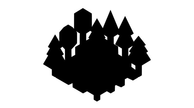 Minimalist isometric forest vector illustration set. Solid black geometric pine trees and foliage on a square base perfect for modern branding, eco concepts, dashboard icons, and print designs.