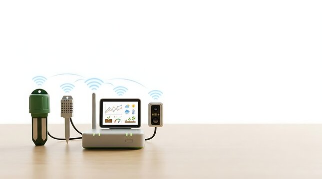Industrial IoT sensor system with wireless data transmission and monitoring display on a wooden table.