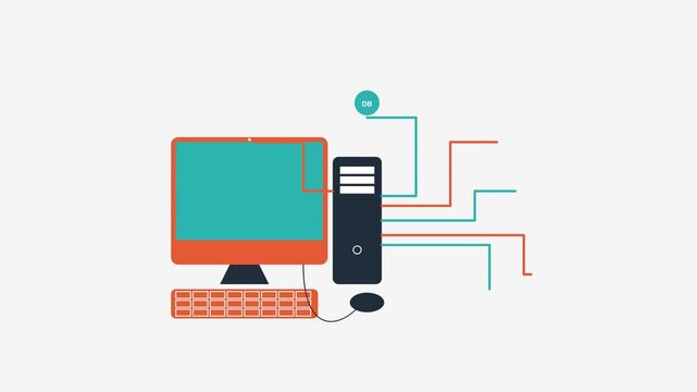 Desktop computer workstation with network connection lines and icons