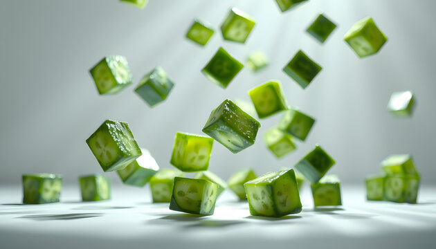 Falling cucumber cubes isolated on white background, close-up. White tone