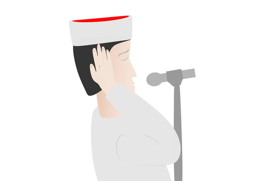 Muslim Man Wearing White Red Cap Calling For Adhan With Microphone PNG