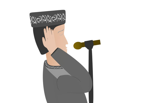 Muslim Man Wearing Patterned Peci Calling For Adhan With Microphone PNG