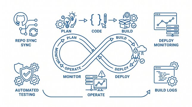 DevOps lifecycle infinity loop diagram. Software development pipeline icons and workflow.