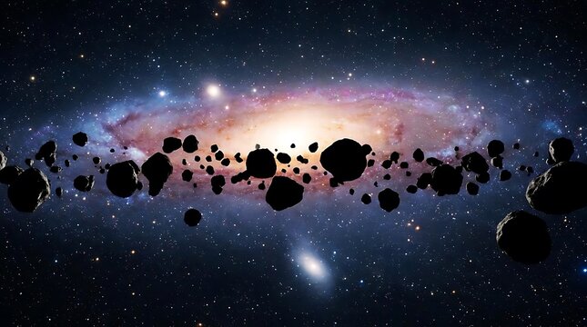 A vast astroid belt orbiting a glowing distant galaxy in deep space captured in a stunning cinematic cosmic visualization of the infinite universe