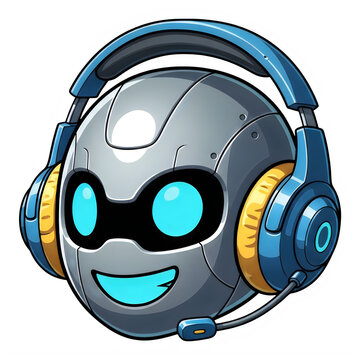 A cheerful cartoon robot wearing futuristic headphones and a blue visor