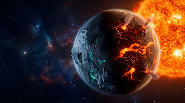Sci-fi concept art of a tidally locked alien exoplanet with burning lava and frozen ice hemispheres, deep space nebula background with copy space, 3D illustration