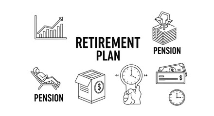 Fototapeta premium Retirement plan vector line illustration featuring financial icons like a growth chart, money, clock, and text 