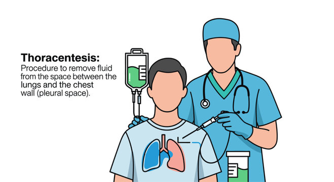 Vector medical illustration explaining thoracentesis, a procedure performed by a doctor to remove fluid from the pleural space between the lungs and chest wall. Healthcare concept.